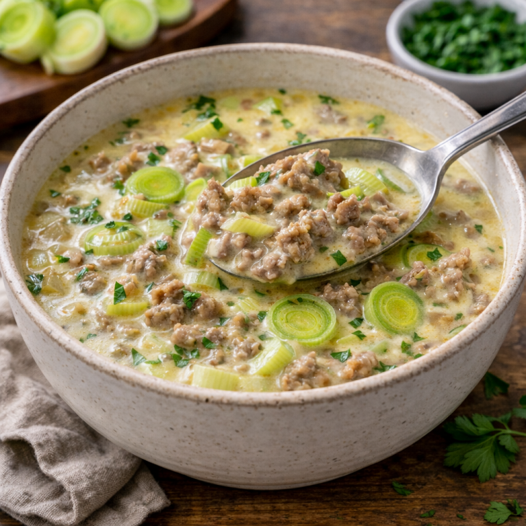 Keto Käse-Lauch-Suppe mit Hackfleisch