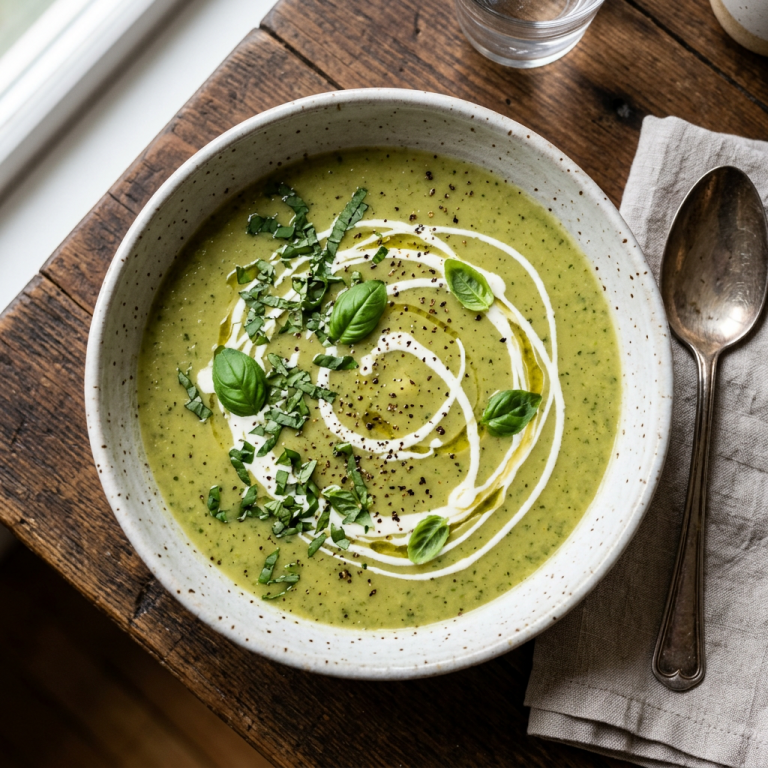 Creamy green soup in a bowl with basil leaves, cream swirls, and black pepper