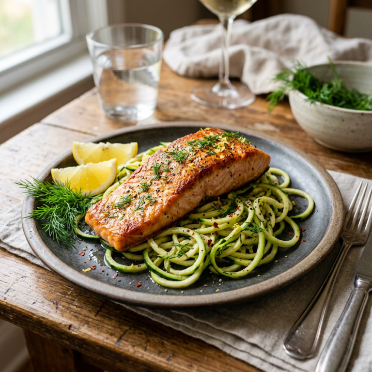 Pan-seared salmon fillet garnished with dill on zucchini noodles with lemon wedges