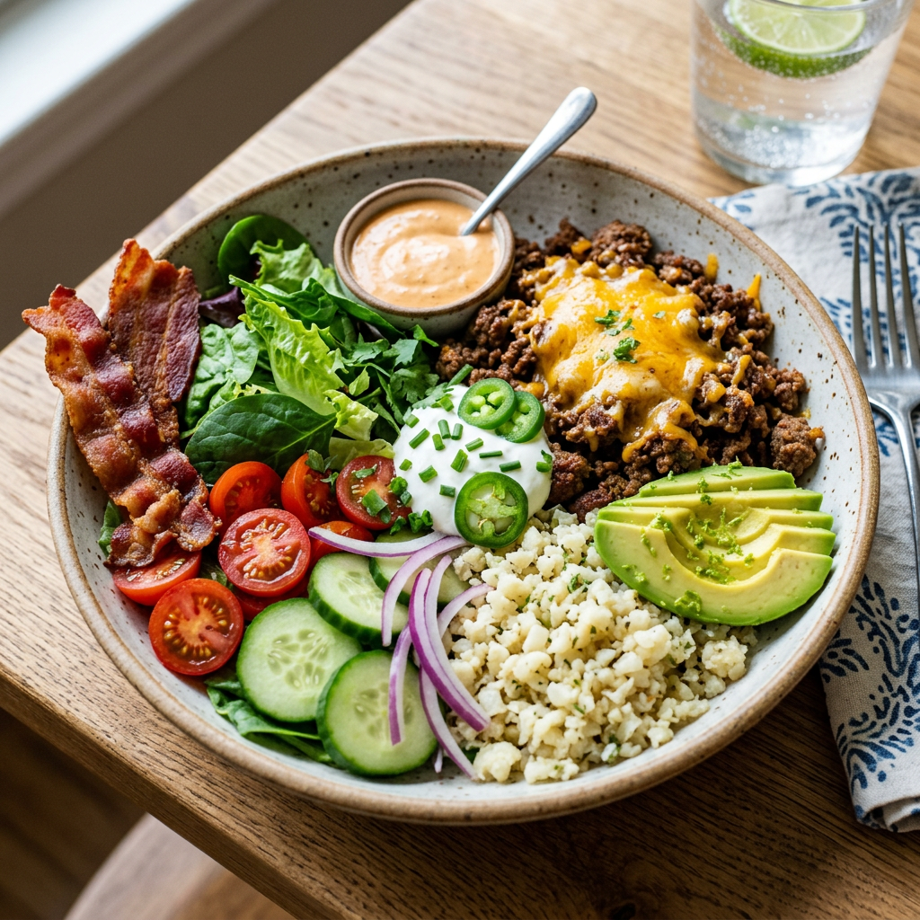 Keto taco salad bowl with ground beef, avocado, bacon, cherry tomatoes, cucumber, cheese, sour cream, and jalapenos