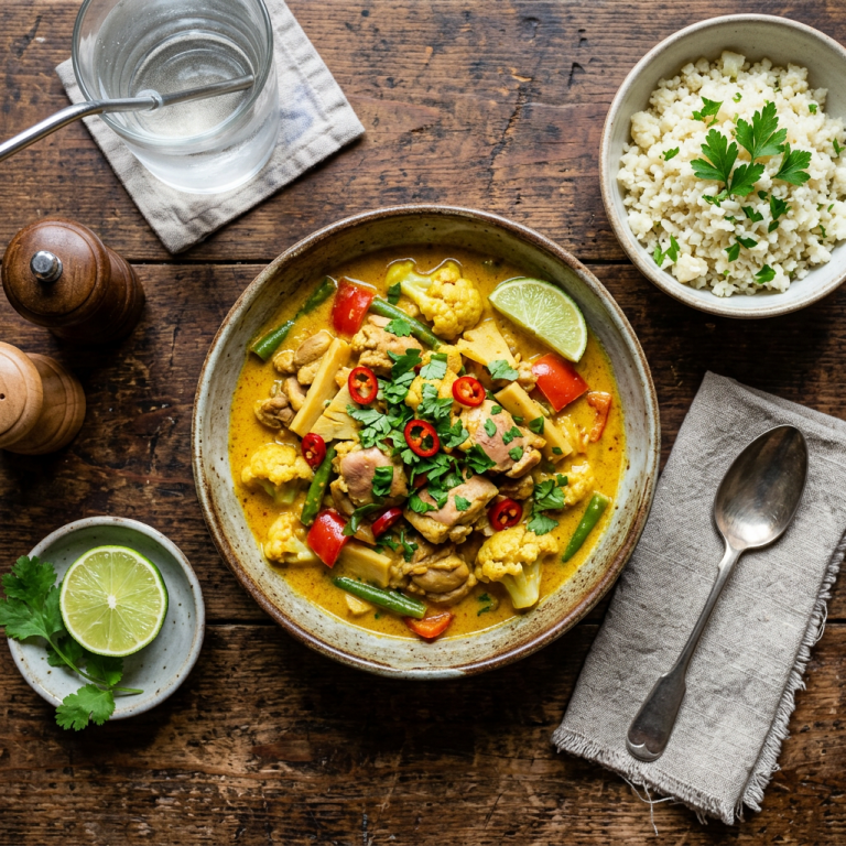 Bowl of Thai chicken curry with vegetables and lime wedge, side bowl of cauliflower rice with parsley, spoon on napkin.
