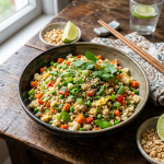 Bowl of vegetable fried rice with peas, carrots, green onions, and cilantro on a wooden table