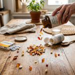 Hand pouring assorted vitamins from bottles onto a wooden table